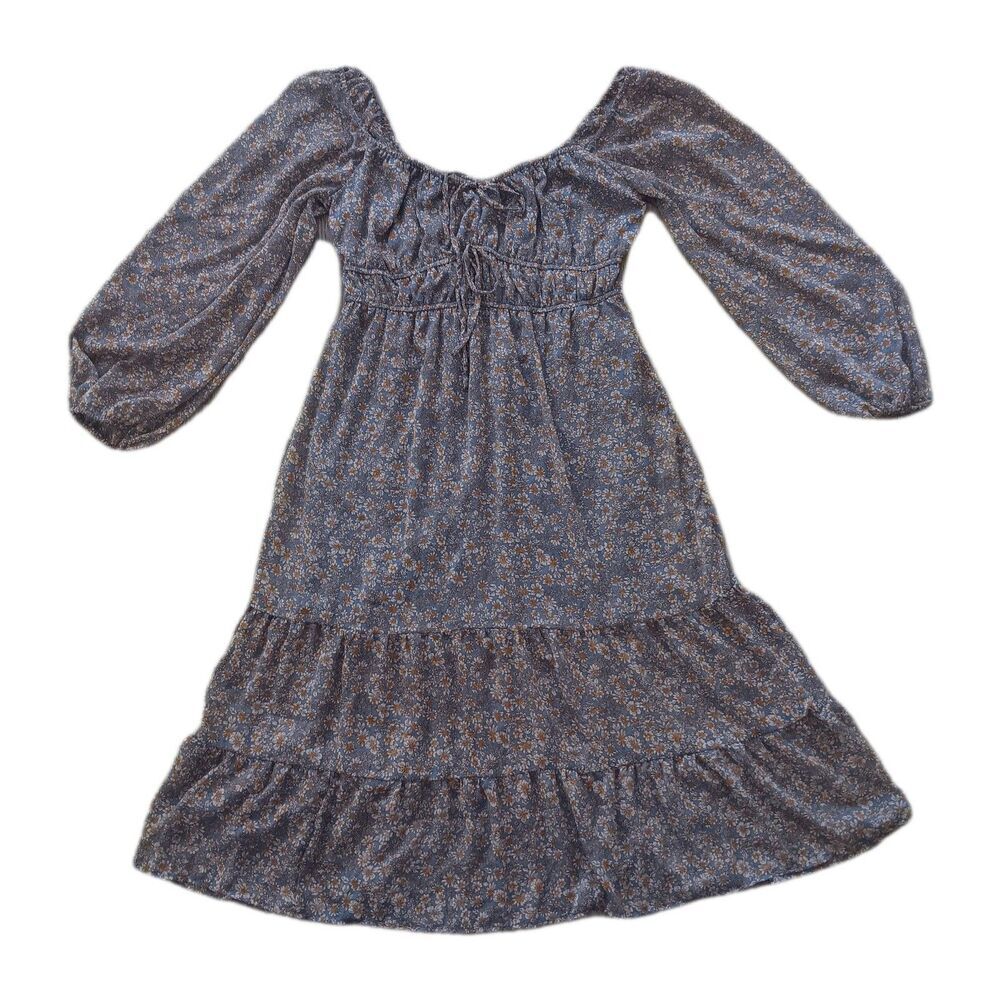 Hint Of Blush Midi Dress Womens XL Blue Gold Floral Chiffon Sheer Balloon Sleeve